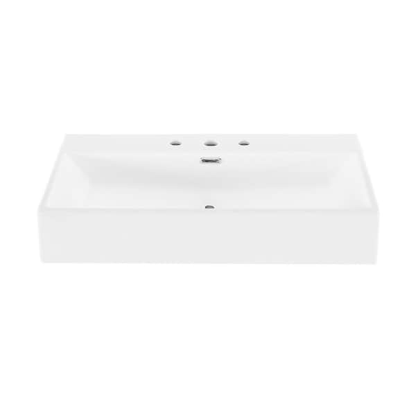 Claire 30 in. W x 16 in. D x 6 in. H Rectangle Wall-Mount White Ceramic Bathroom Sink with 8 in. Widespread Holes