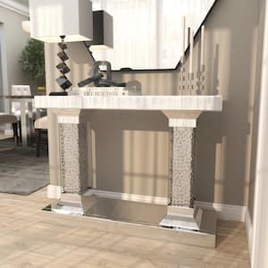 42 in. Silver Extra Large Rectangle Wood Beveled Mirrored Console Table with Crystal Embedded Pillars