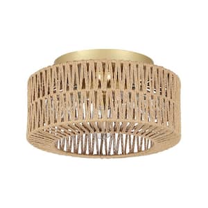 11.8 in. 3-Light Brown Farmhouse Rattan Flush Mount Ceiling Light Fixture