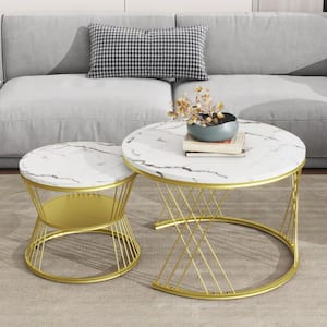 27.5 in. Round White Wood and Marble Veneer Top Nesting Coffee Tables Set with Golden Iron Frame (Set of 2)