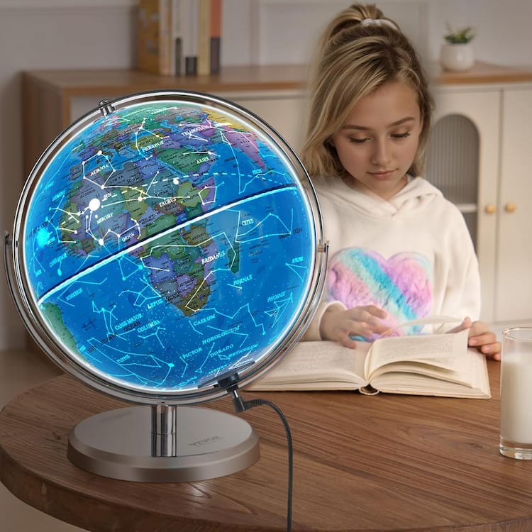 VEVOR Illuminated World Globe with Stand 16.54 in. x 13 in. 330.2 mm Educational Globe with Metal Base and LED Light for Kids