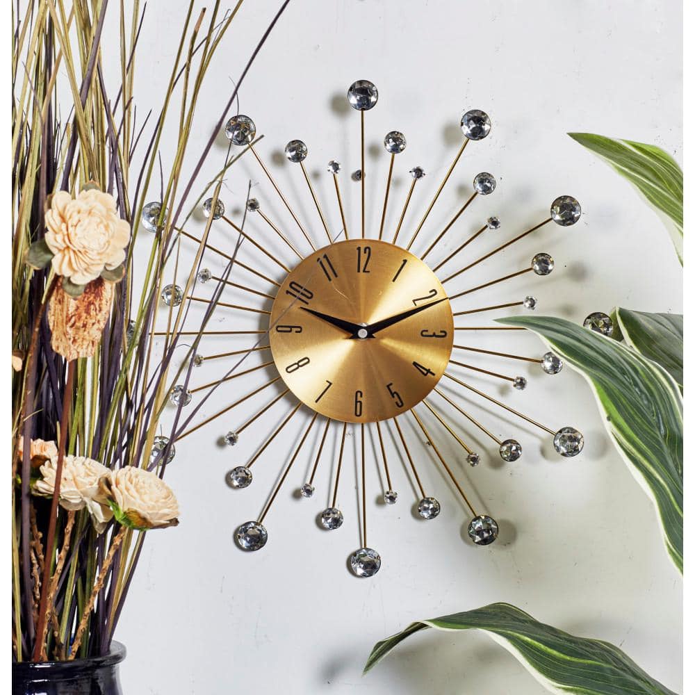 Gold Metal Starburst Wall Clock with Crystal Accents, 15"