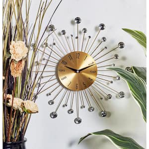 Gold Metal Starburst Analog Wall Clock with Crystal Accents