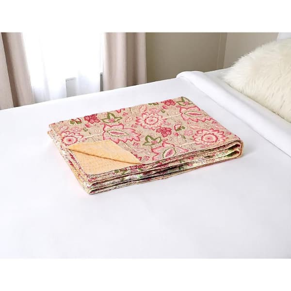 Beige, Pink Floral Cotton Throw Blanket