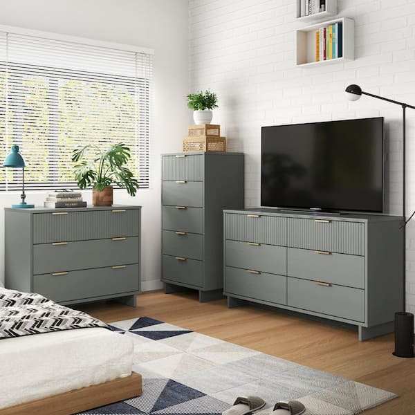 Manhattan Comfort Granville Light Grey 5-Drawer 23.62 in. W Chest, 6-Drawer 55.04 in. W Dresser and 3-Drawer 37.8 in. W Dresser (Set of 3)