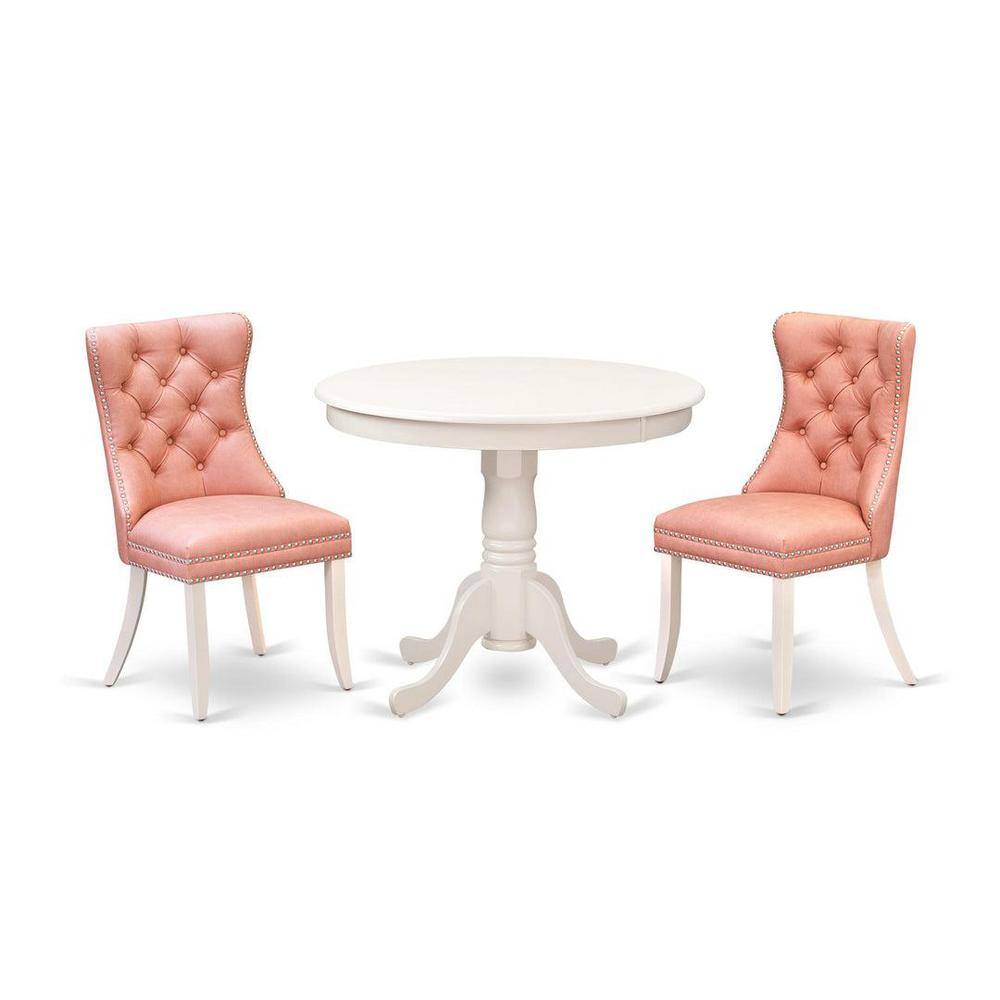 Linen White Round Pedestal Dining Table with 2 Chairs
