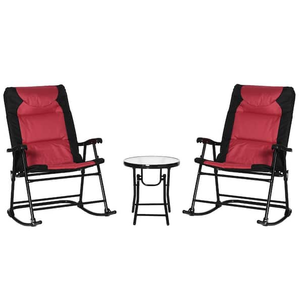 Zeus & Ruta 3-Piece Metal Outdoor Bistro Set with Glass Coffee Table and 2 Folding Padded Rocking Chairs with Red Cushion