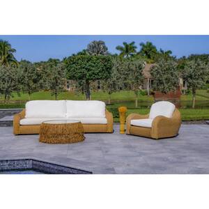 Katalina 3-Piece Patio and Backyard Poly Hyacinth Conversation Set with Aluminum Frame and White Cushions