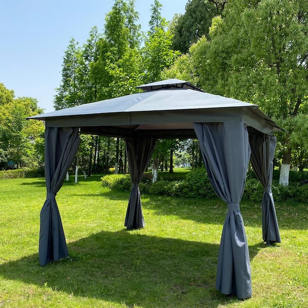 Unbranded 10 ft. x 10 ft. Gray Outdoor Patio Garden Gazebo Tent, Outdoor Shading, Gazebo Canopy With Curtains