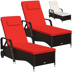 2-Pieces Cushioned Outdoor Wicker Lounge Chair with Wheel Adjustable Backrest Red and Off White