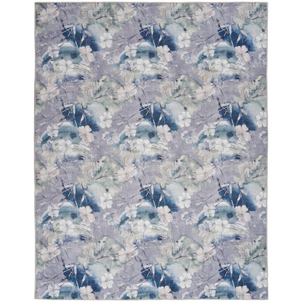 Nourison Washables Grey Blue 8 ft. x 10 ft. Botanical Traditional Area Rug