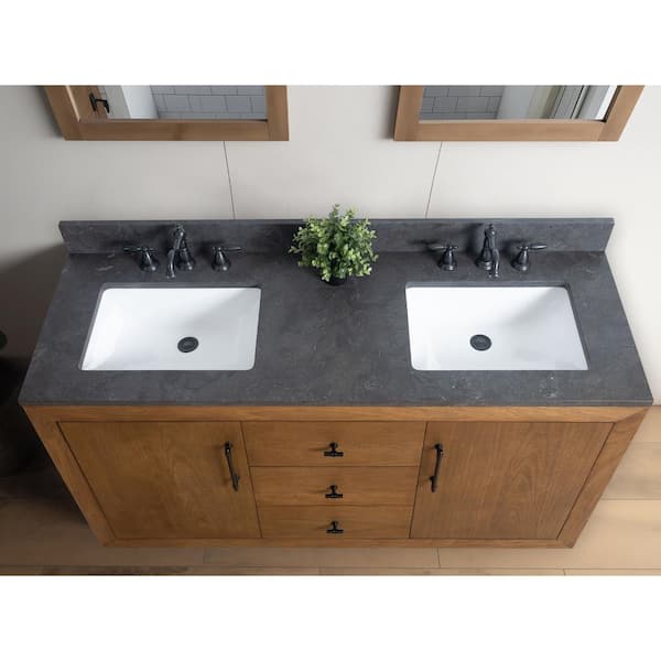 Vanity Art Teamson Kids 60 in. W x 21.5 in. D x 34 in. H Double Sink Bathroom Vanity in Tan with Black Limestone Top