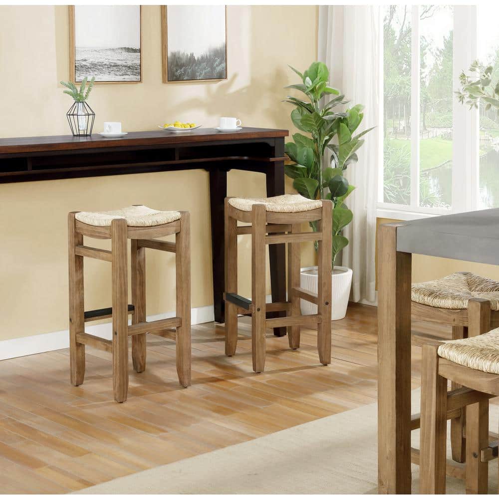 30" Brown Wood Backless Saddle Style Bar Stools - Set of Two