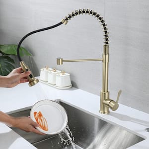 Single Handle Pull Down Sprayer Kitchen Faucet, Spring Kitchen Sink Faucet with Pull Out Sprayer in Brushed Gold