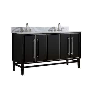 Mason 61 in. Double Sink Black with Silver Trim Bath Vanity with Carrara White Marble Top