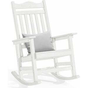White Plastic Wood Patio Outdoor Rocking Chair with Grey Cushions
