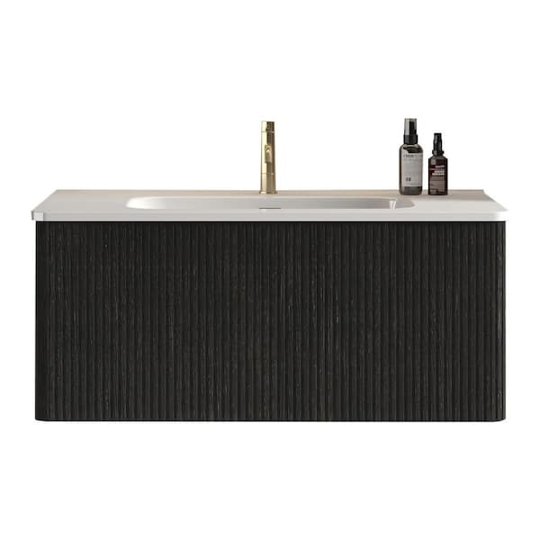 36 in. Single Sink Floating Black Bath Vanity with White Ceramic Top (Assembled), Curved Edges