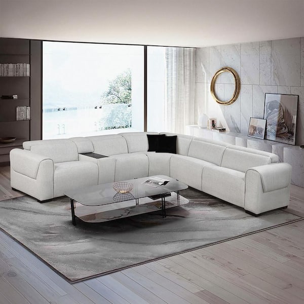 Violetta 123.5 in. Pillow Top Arm 6-Piece Chenille Modular Power Reclining Sectional Sofa in Cloud with Power Headrests