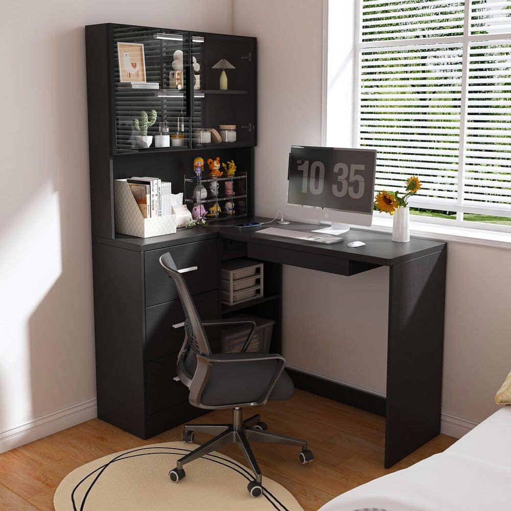 43.3 in. L-Shape Black MDF Computer/Office Desk with Drawers, Glass Cabinets, LED Lights, USB Ports, and Keyboard Tray
