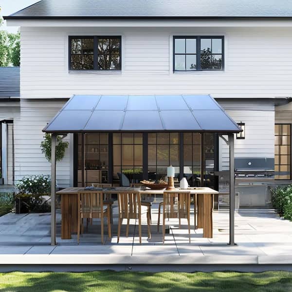 10 ft. x 10 ft. Outdoor Gray Metal Pergola Wall-Mounted Large Heavy Duty Lean to Awning Gazebo with Roof for Decks