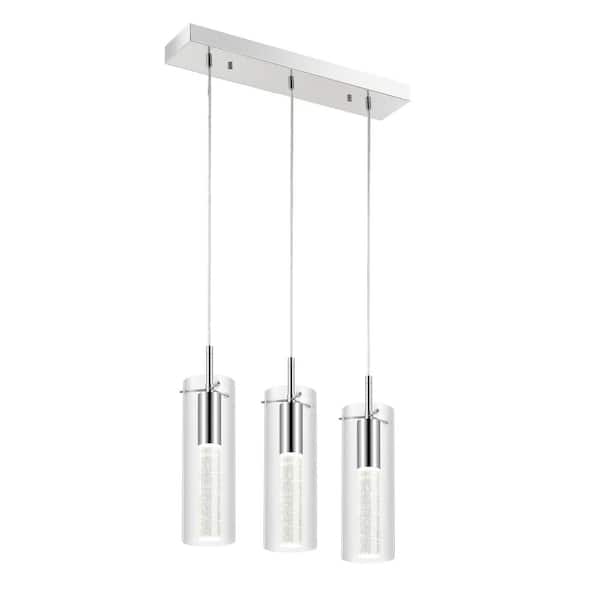 Mium 21.63 in. 3-Light Modern Style Iron/Crystal/Glass Integrated LED Linear Pendant Light, Chrome