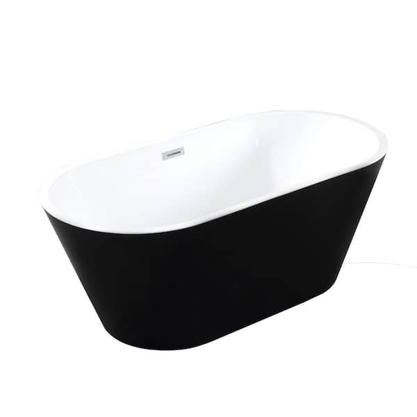 58.70 in. x 29.50 in. Flat Bottom Acrylic Freestanding Soaking Bathtub with Center Drain in Glossy Black