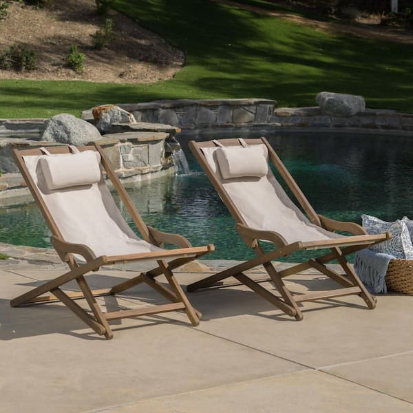 Tenleaf Gray Wood Outdoor Lounge Chair with Beige Seats Set of 2