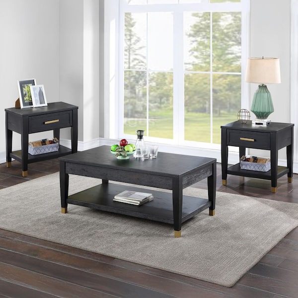 Yves 48 in. Rubbed Charcoal Rectangle Wood Coffee Table and 2 End Tables