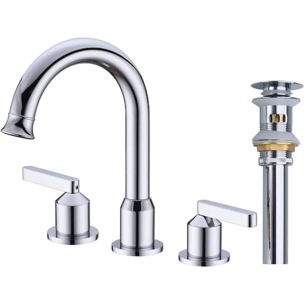 TRUSTMI Chrome 2 Handle 8 in. Widespread Bathroom Sink Faucet with Metal Overflow Pop Up Drain Assembly Water Supply Lines