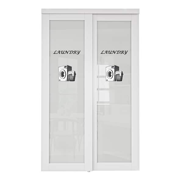 ARK DESIGN 48 in. x 80 in. 1-Lite Tempered Frosted Glass White Finished Solid Core Sliding Door with Laundry Sticker and Hardware