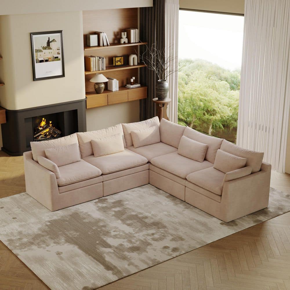 117 in. W Sloped Arm Polyester Modular Upholstered Reconfigurable Corner Sectional Sofa with Removable Covers in Khaki
