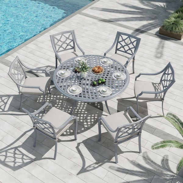 7-Piece Aluminum Outdoor Dining Set 53 in. Round Table with Beige Cushions and Umbrella hole