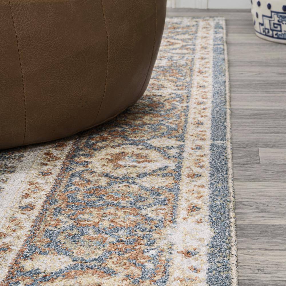 Blue and Cream Medallion Washable Synthetic Area Rug