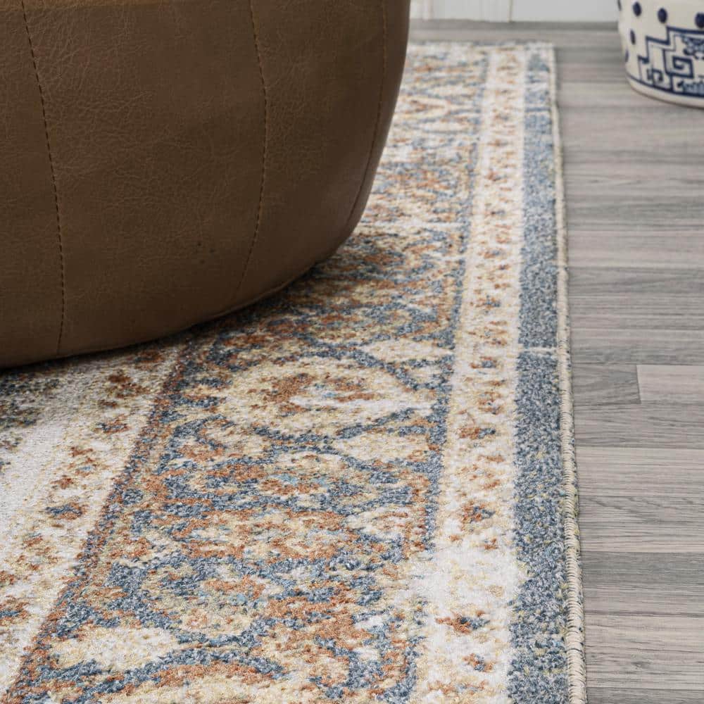 Blue and Cream Medallion Washable Synthetic 4' x 6' Rug