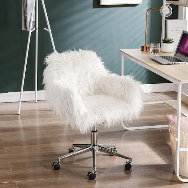 White Faux Fur Fluffy Task Chair Home Office Chair Makeup Vanity Chair for Girls Adjustable Height Swivel with Arms
