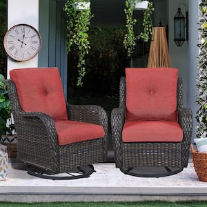 ArcoBay Metal and Brown Wicker Outdoor Rocking Chair Patio Swivel Chairs with Olefin Red Cushions (2-Pack)