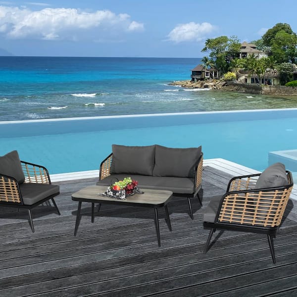Unbranded 4-Pieces Wicker Outdoor Sectional Set with Gray Cushions and Tempered Glass Table