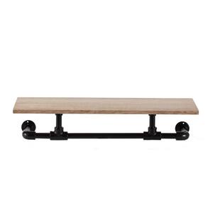 Vittel (8 in x 24 in x 6 in) - Black & Natural Wood - Iron & Wood Floating Decorative Pipe Wall Shelf