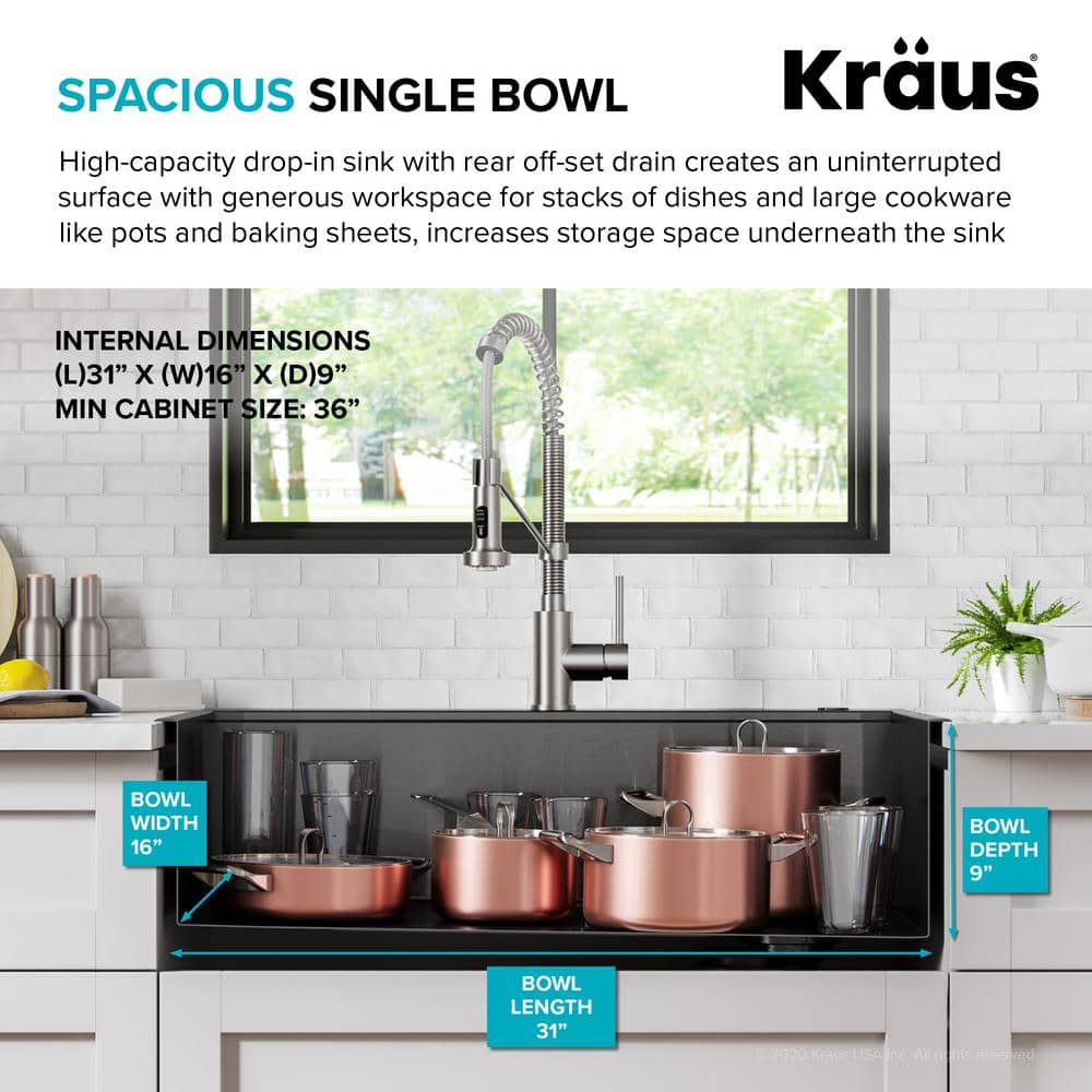 Kore 33" Black Stainless Steel Drop-In Single Bowl Kitchen Sink