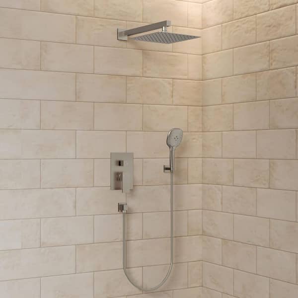 4-Spray 10 in. Dual Wall Mount Shower Head and Handheld Shower Faucet 2.5 GPM in Brushed Nickel Valve Include