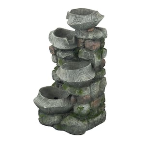 Indoor Outdoor 4-Tier Polyresin Cascading Rock Bowl Freestanding Water Fountain for Garden with LED Ligh