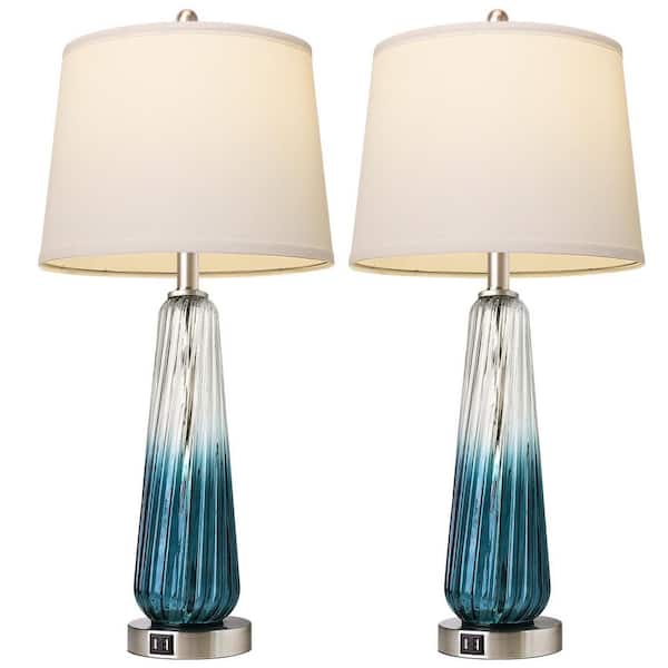 27.5" Modern Tall Table Lamps Bule Glass Bedside Lamps with 2 USB Ports White Fabric Shade for Living Room Bedroom Decor