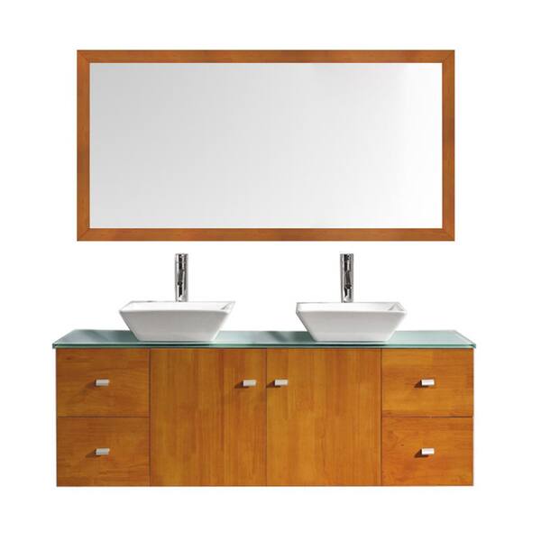 Virtu USA Clarissa 60 in. W Bath Vanity in Honey Oak with Glass Vanity Top in Aqua with Square Basin and Mirror