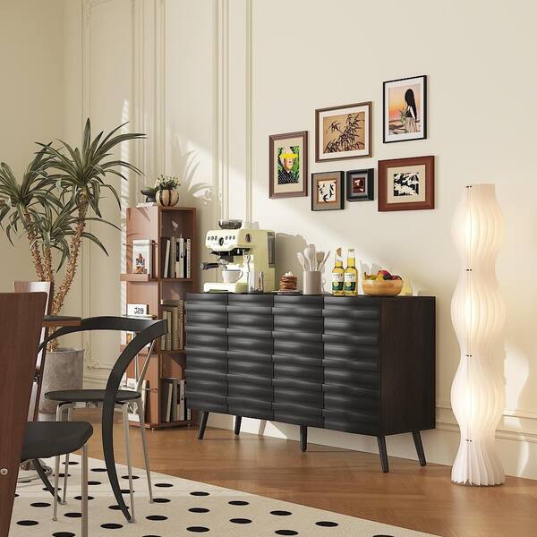 FUFU&GAGA Black Wood Buffet Sideboard with 4-Shelf, Slatted Doors