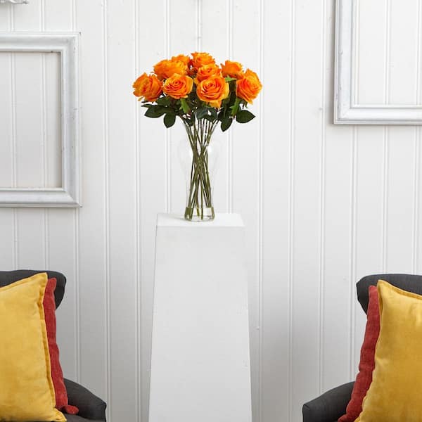 Nearly Natural Blooming Roses Artificial Arrangement with Vase in Orange  Yellow 1328-OY - The Home Depot