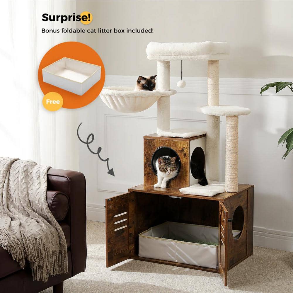 Brown Wood Cat Condo with Litter Box and Play Area
