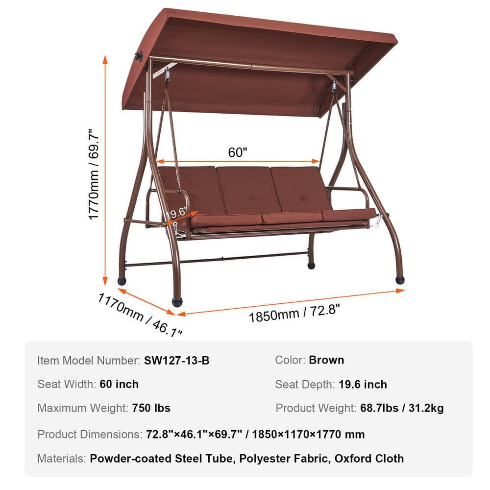 Brown Alloy Steel 3-Seat Patio Swing Chair with Adjustable Canopy