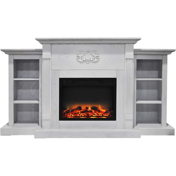 Cambridge Sanoma 72 in. Electric Fireplace in White with Built-in Bookshelves and an Enhanced Log Display