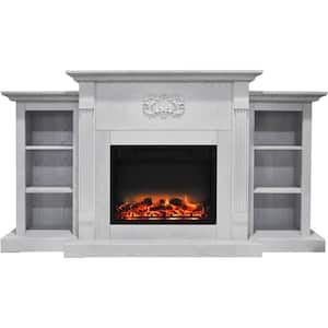 Classic 72 in. Electric Fireplace in White with Built-in Bookshelves and an Enhanced Log Display