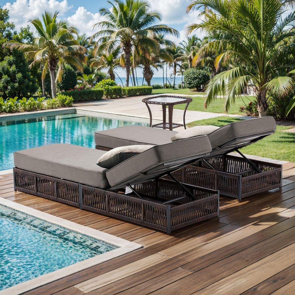Moonluxe Brown 3-Piece Wicker Outdoor Chaise Lounge with 5 in. Thick Olefin Gray Cushions Patio Lounge Chair